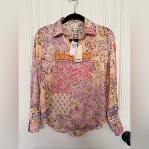 NWT Floral & Paisley Patchwork Button-Up Satin Dress Shirt - Pink & Orange
